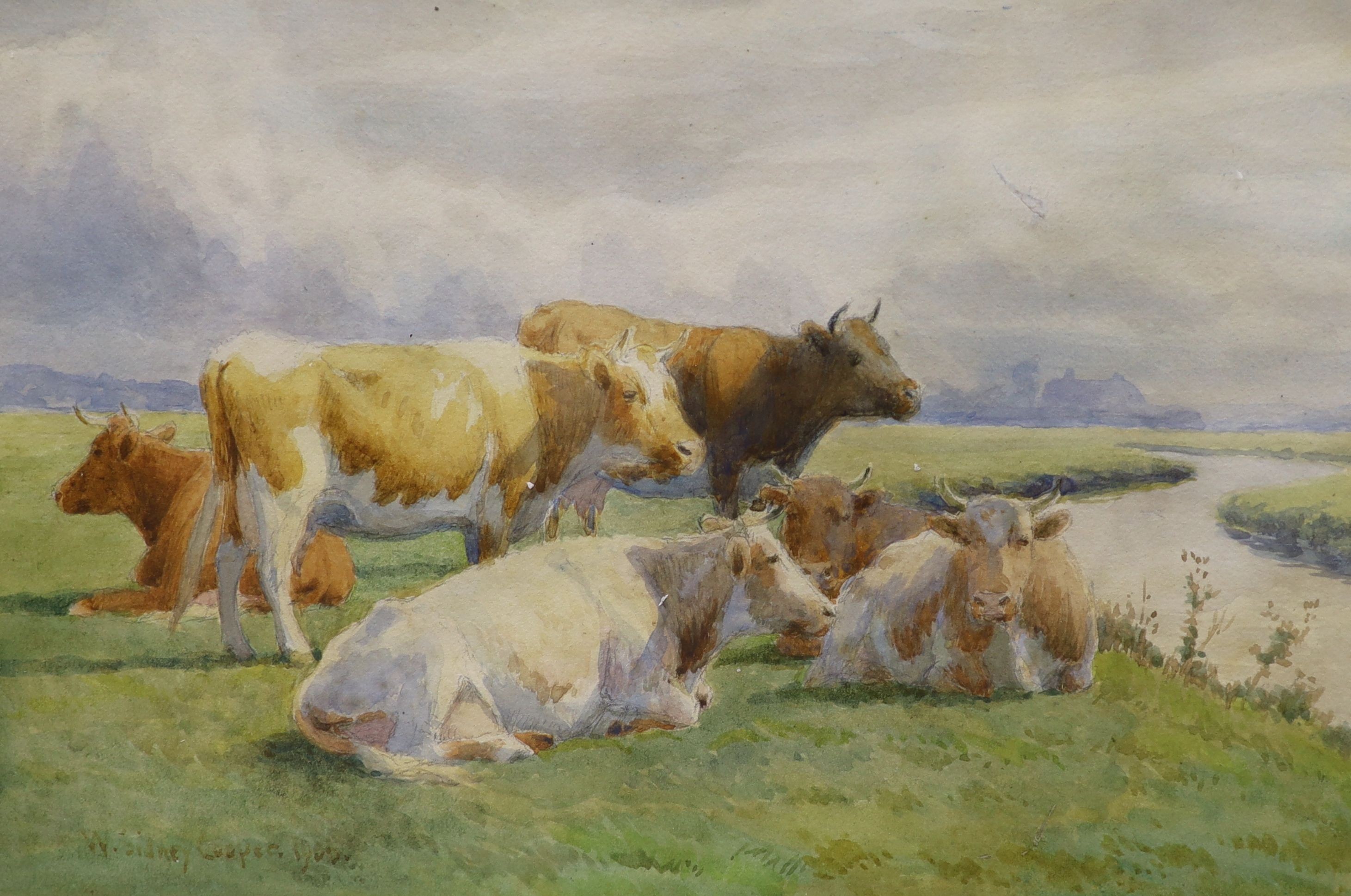 William Sydney Cooper (1854-1927), watercolour, Cattle beside a river, signed, 16 x 24cm